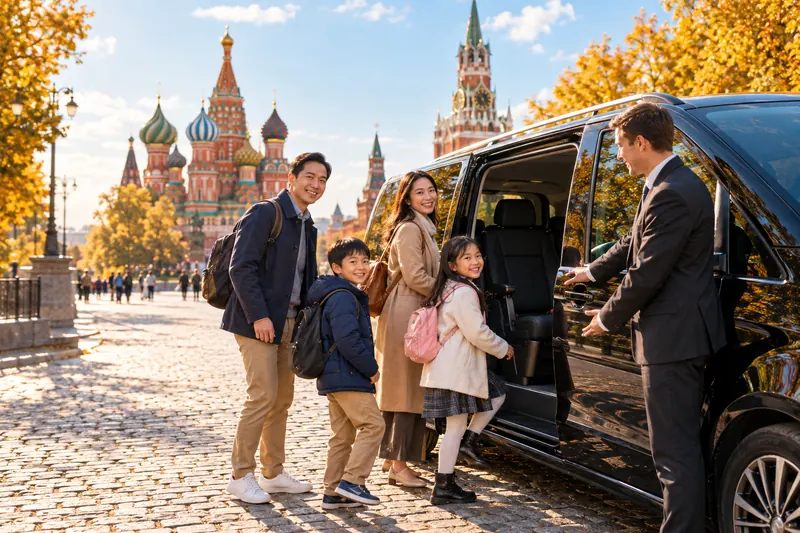 Gia đình khách Việt bước lên xe minivan, tài xế mở cửa xe trên phố Moscow