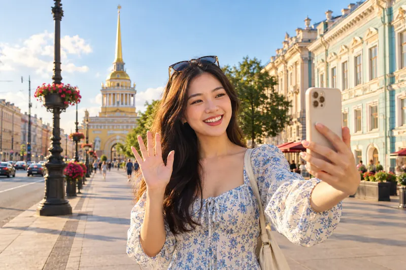 Cô gái Việt vẫy tay gọi video trên đại lộ Nevsky, St. Petersburg